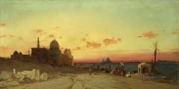 historical scene Painting - A view of the tomb of the Caliphs with the pyramids of Giza beyond Cairo Hermann David Salomon Corrodi orientalist scenery